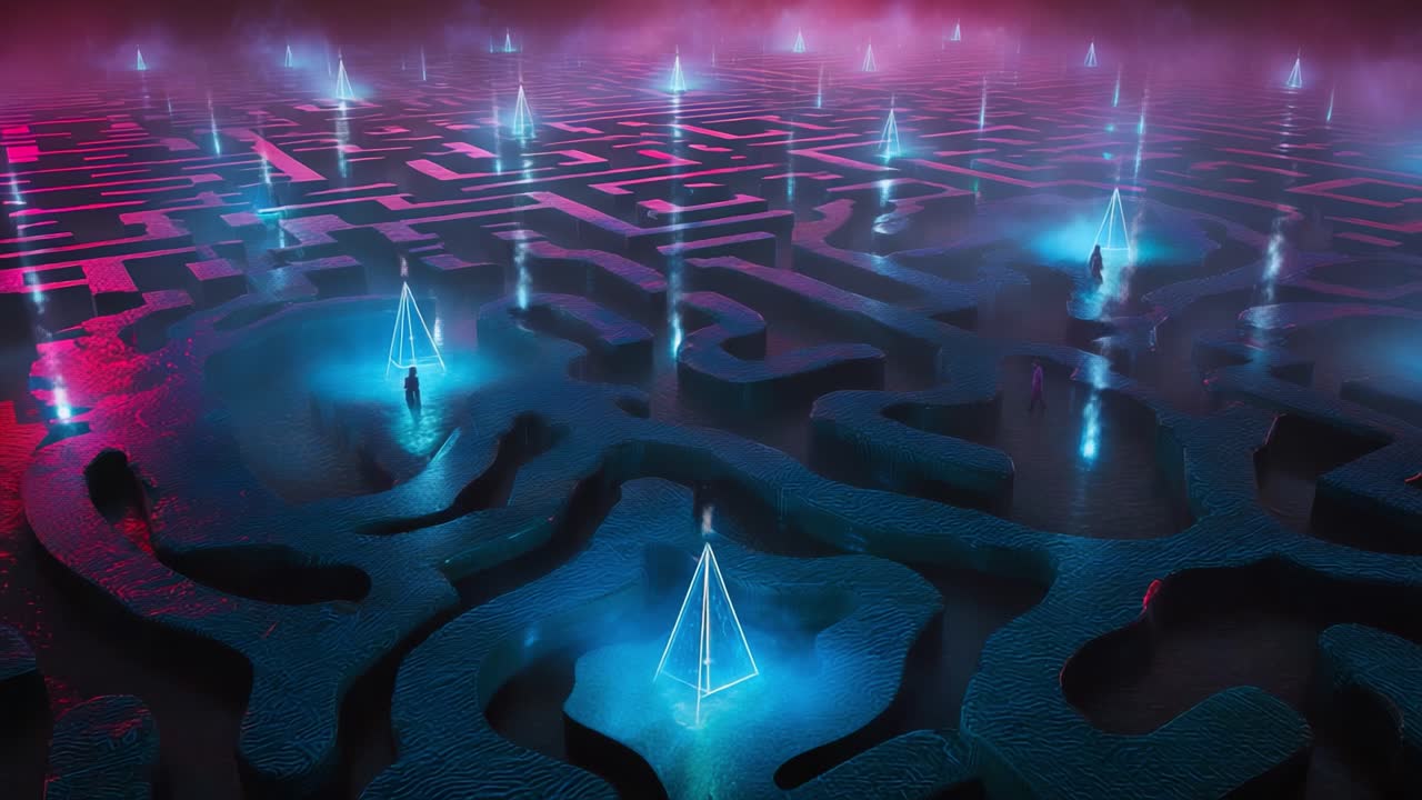 An Enigmatic Labyrinth: A Surreal Journey Through a Mystical Waterway Maze Illuminated by Ethereal Light-Pyramid Structures Creating a Dreamlike Atmosphere of Wonder and Discovery