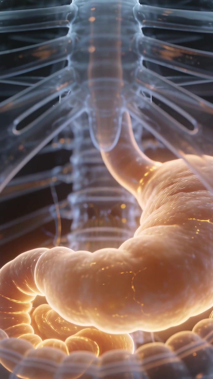 Vertical video: Camera zooming out stomach pulsing in ribs as particles moving to bowels for study