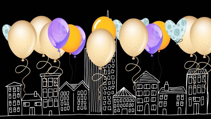 Animazione digitale di molti palloncini colorati che galleggiano su un disegno di città su sfondo nero