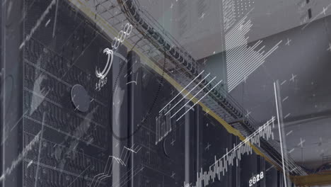Animation of interface with spinning globe and data processing against computer server room