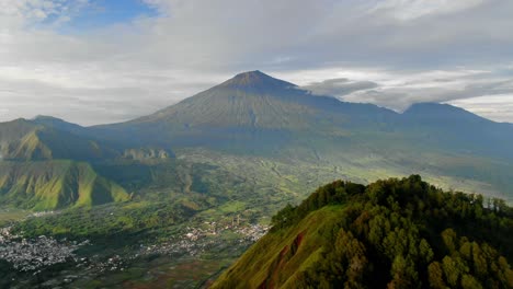 aerial view moving shot, pergasingan hill, scenic view of sembalun village and mount