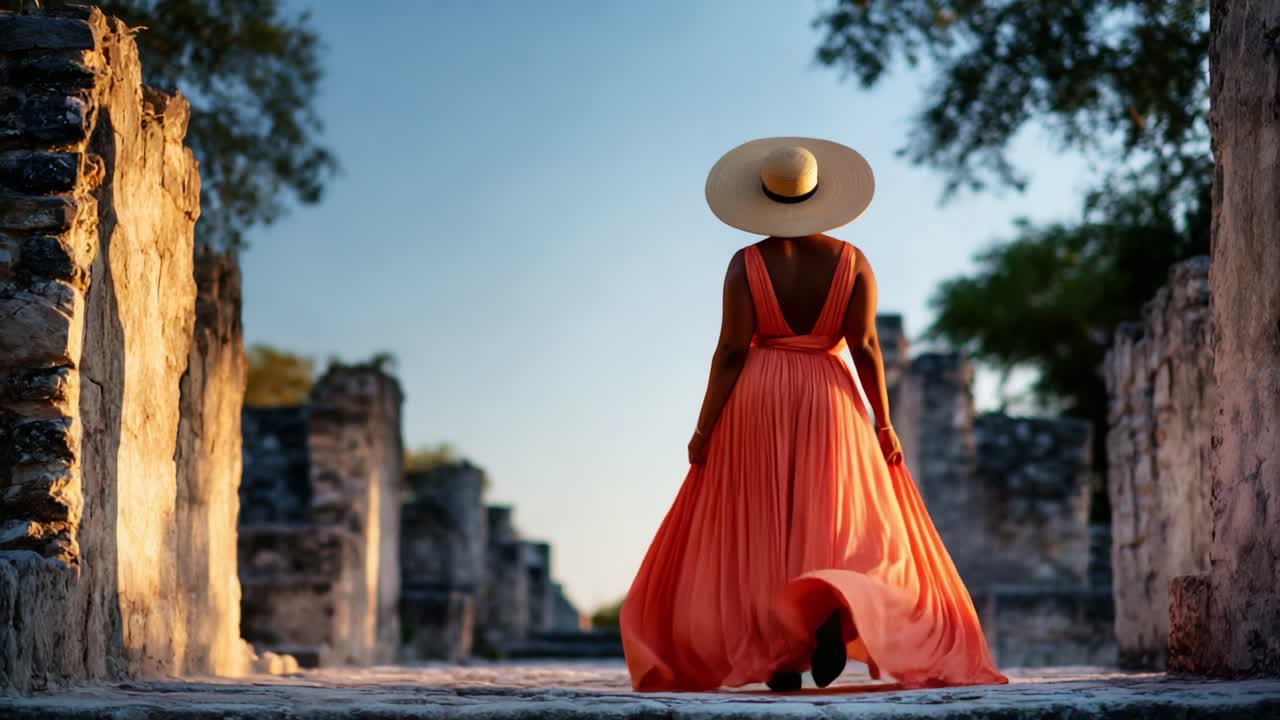 Uma mulher com um vestido coral esvoaçante e um chapéu de abas largas passeia por ruínas antigas, envolvida pela luz dourada do sol e pela atmosfera tranquila de um sítio histórico, capturando um momento de exploração e elegância.