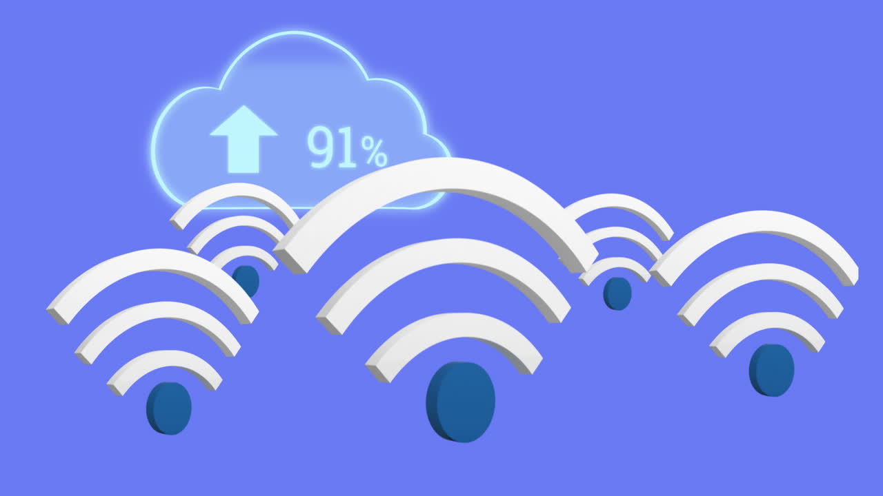 animación de iconos wifi y nubes digitales con flecha y porcentaje creciendo en fondo púrpura