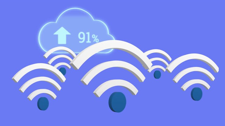 Animation af Wi-Fi-ikoner og digitale skyer med pil og procent, der vokser på lilla baggrund