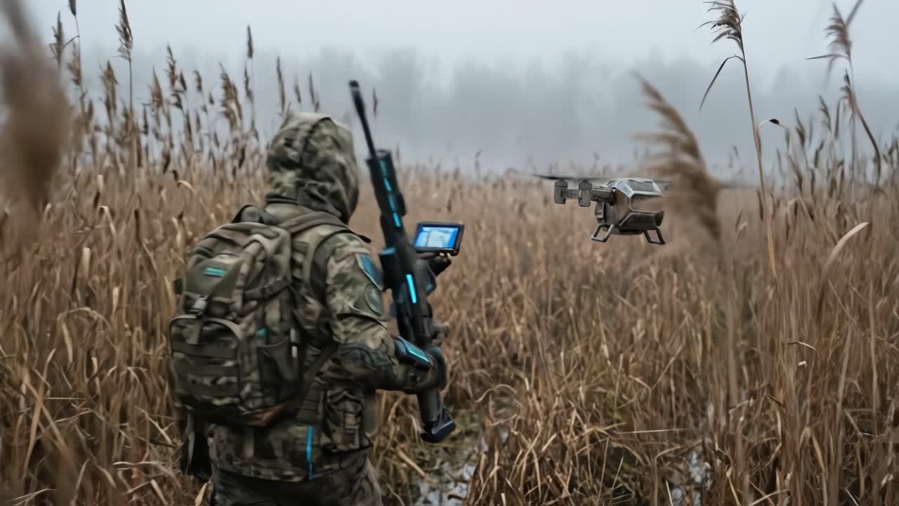 Soldato in mimetica con fucile futuristico e drone