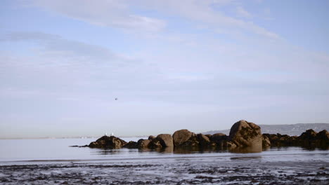 Sea-Stack-Am-Ruhigen-Ozeanwasser-Mit-Vögeln,-Die-Während-Des-Nebligen-Morgens-In-Südirland-In-Der-Nähe-Von-Dublin-Unter-Klarem-Himmel-Fliegen