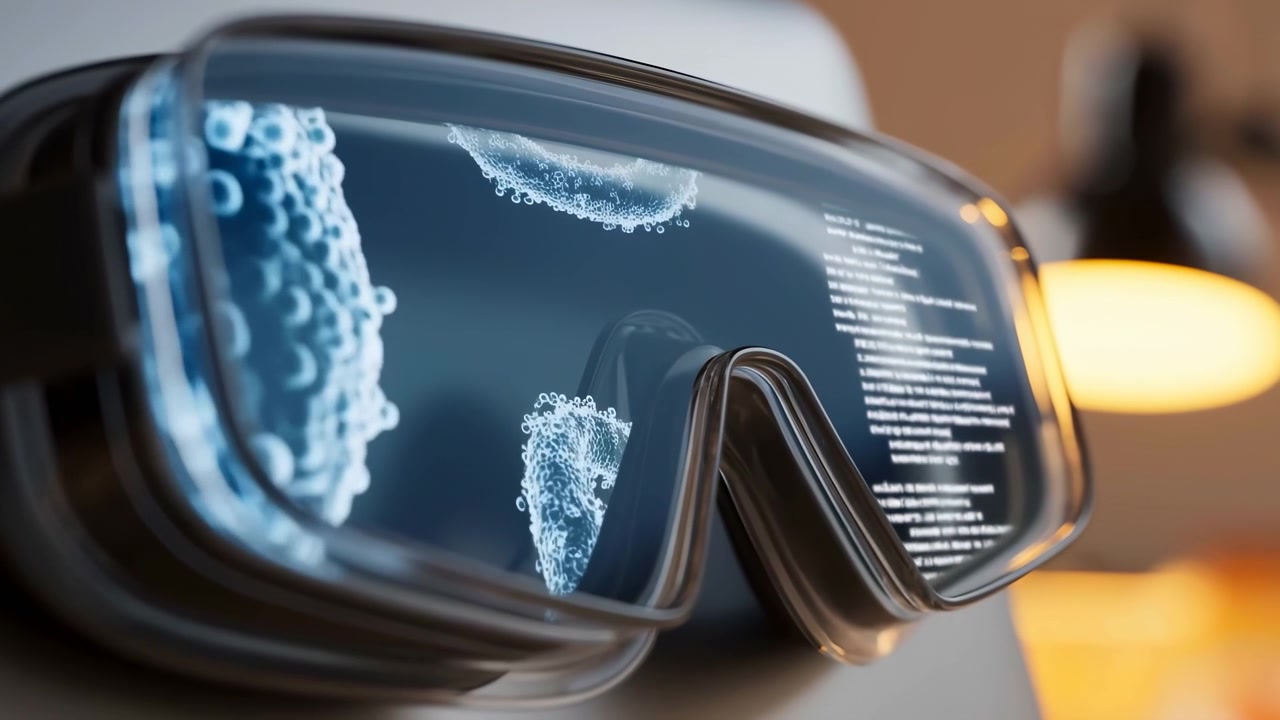 Oblique indoor closeup of protective goggles resting on surface, with transparent curved lens reflecting blue bubble-like biological visualization, soft white interface glow, warm lamp highlights