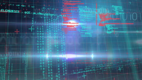 animation of data processing over grid network against blue background