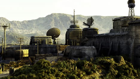 ruins of an abandoned research facility in a mountainous region