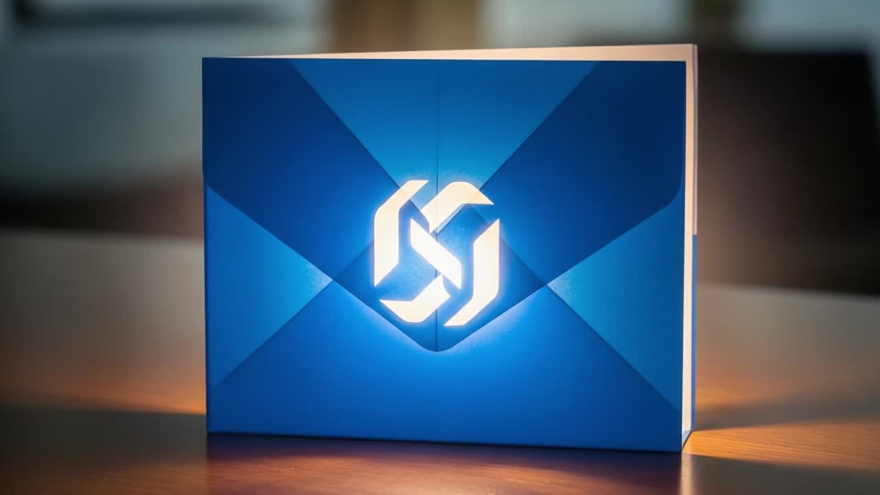 Elegant Blue Envelope Illuminated from Within, Showcasing a Modern Design with a Bright Logo Against a Softly Lit Background