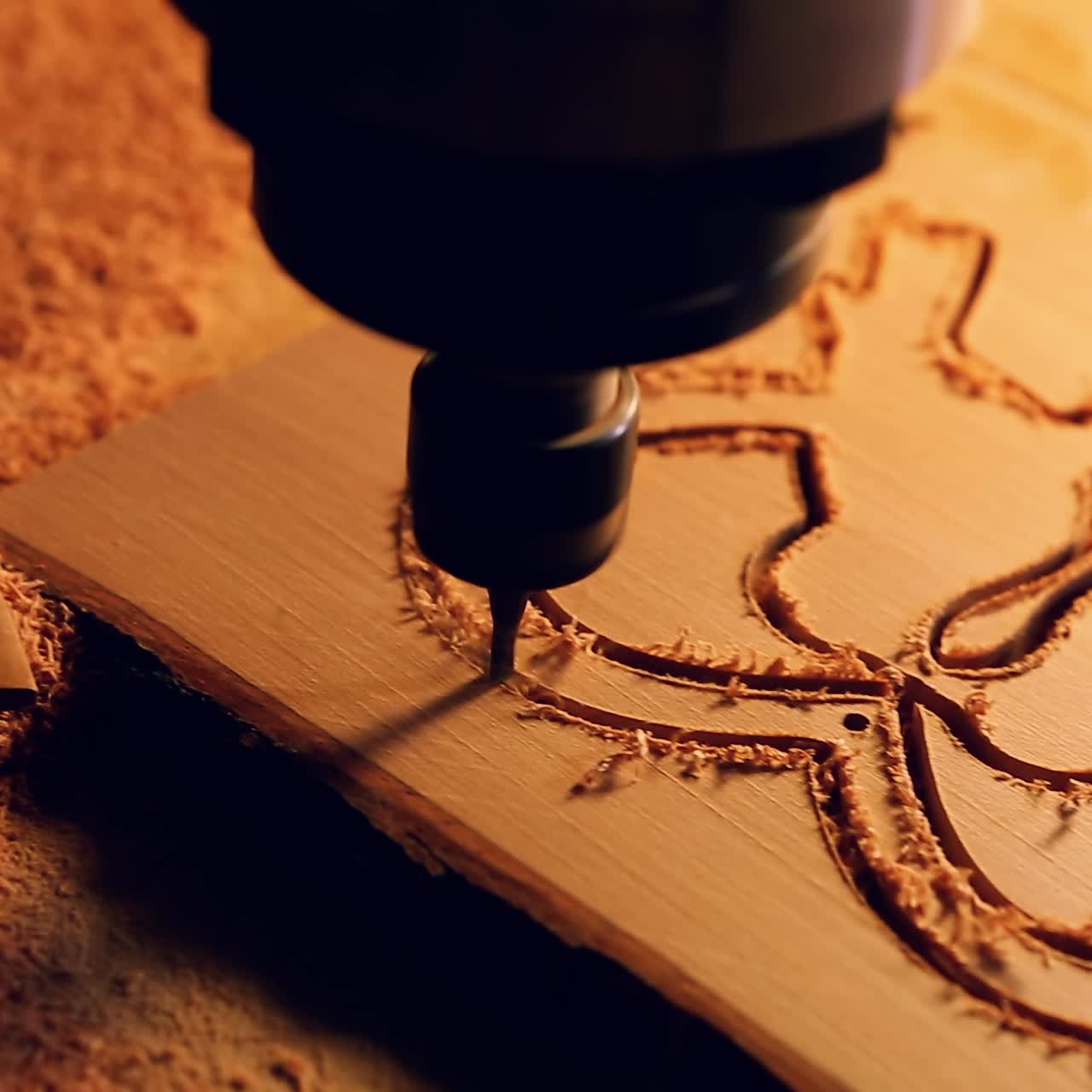 la máquina de corte de madera con taladro está cortando moldes de madera