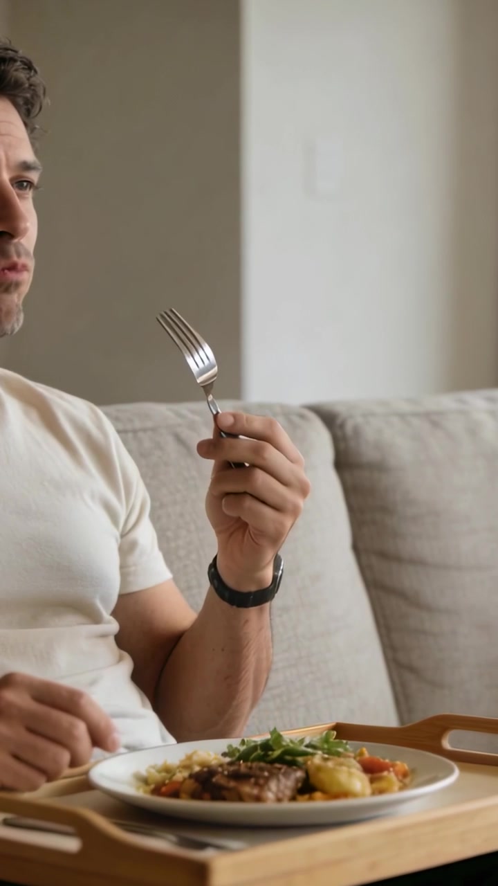 Video vertical: Levantando el tenedor, instando a un hombre a dar un bocado de comida en el sofá con una bandeja de madera, con espacio para texto.