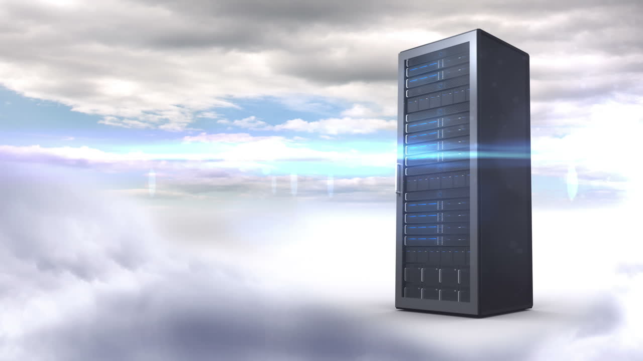 Server tower on cloudy sky background 