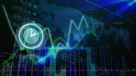 animación del movimiento del reloj y procesamiento de datos en el mercado de valores y el mapa del mundo.