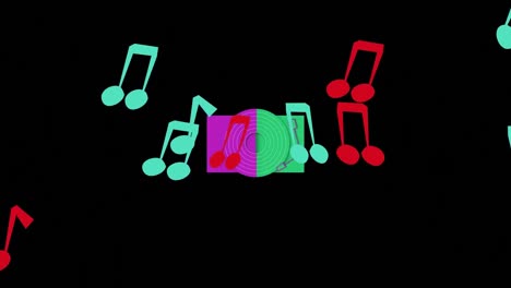 Animation-of-notes-over-gramophone-on-black-background