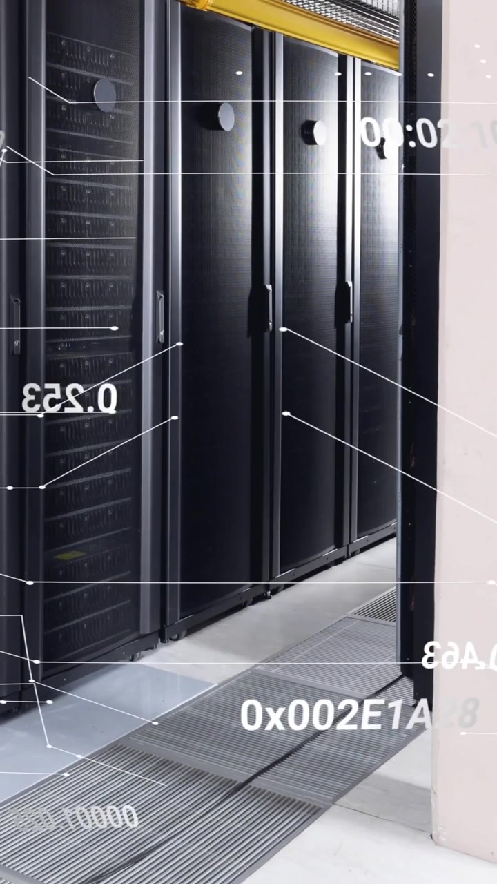 Animation of network of connections and data processing against computer server room