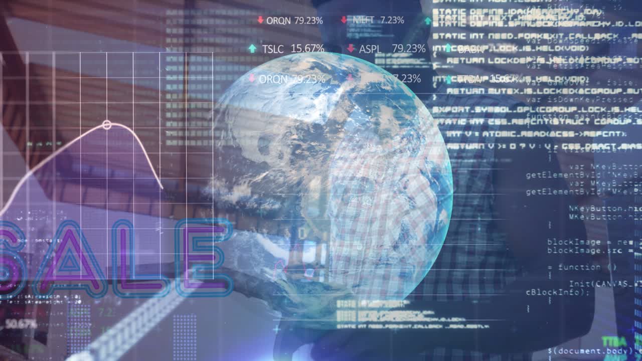 Animation of financial data processing over people people at the gas station