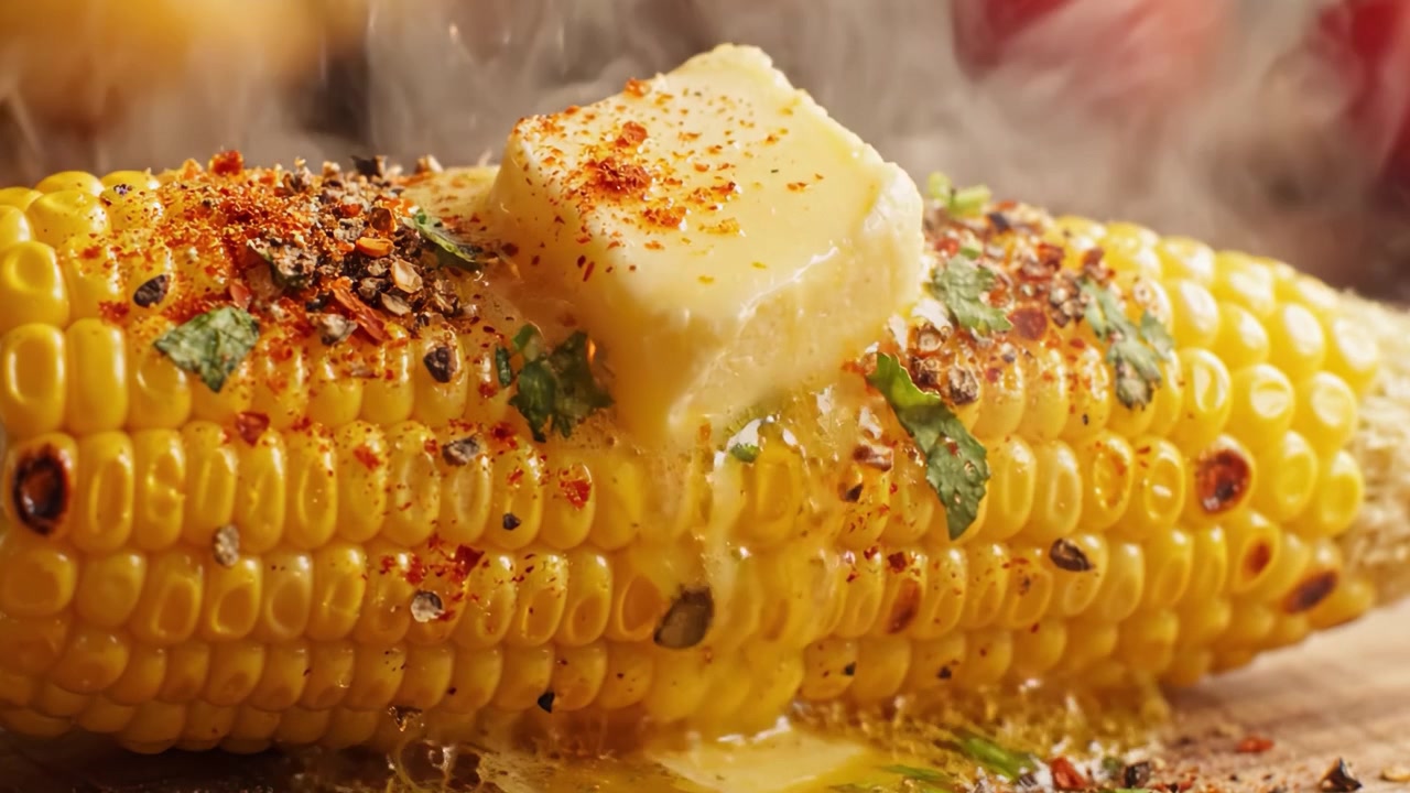 Milho na Espiga Deliciosamente Grelhado, Coberto com Manteiga, Temperos e Ervas Frescas, Perfeito para Qualquer Churrasco ao Ar Livre ou Festa de Verão