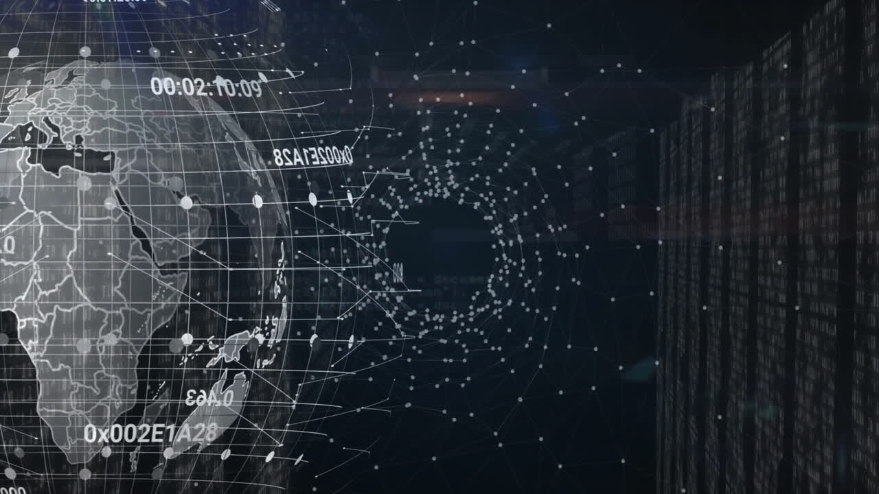 Animation of data processing and spinning globe over spots