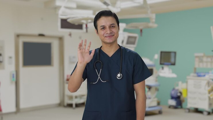 un médico indio feliz saludando a la cámara