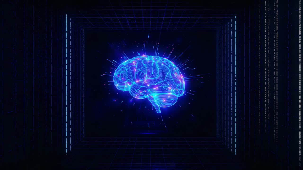 Pulsing neon blue holographic brain activating from red node pulse in dark digital tunnel, settling