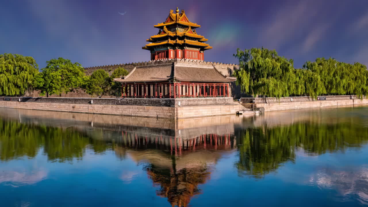 reflection of corner tower visiting Imperial hall standing traditional architecture, Forbidden Historic ancient buildings City, China. Chinese on plague Ancient royal palace Hall of Supreme Harmony