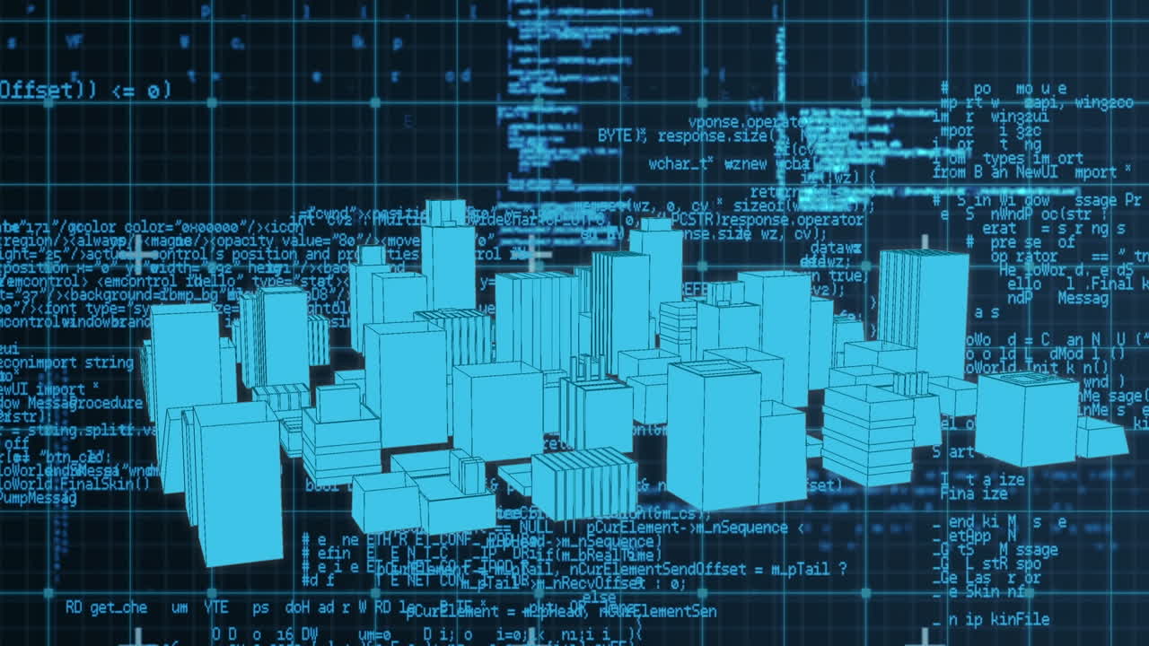 Animation of digital data processing over 3d cityscape spinning