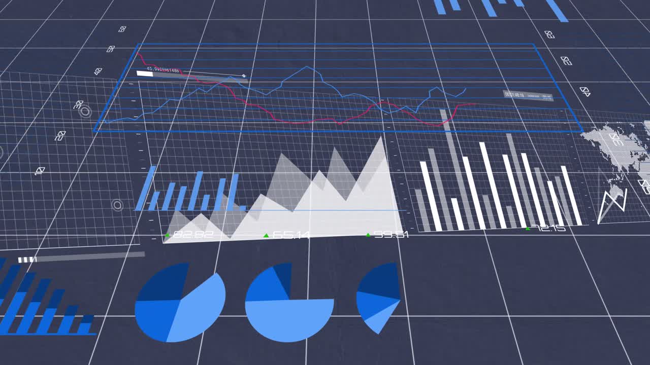 animación del procesamiento de datos estadísticos a través de la red de red contra un fondo gris