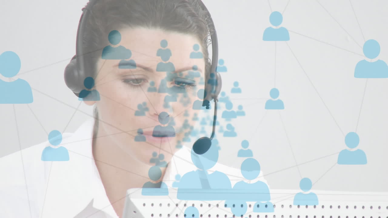 animación de redes de conexiones con iconos sobre mujer de negocios usando auriculares de teléfono