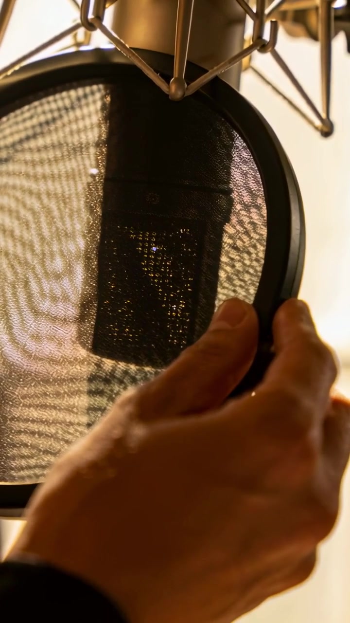 Vocalist uomo con manica scura che regola il filtro anti-pop mentre tiene un microfono in studio