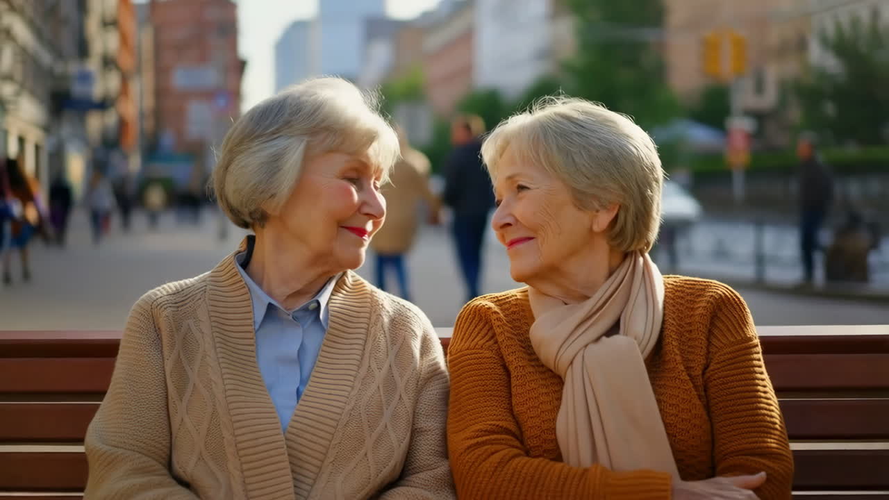 Two elderly women enjoying each other's company on a city bench