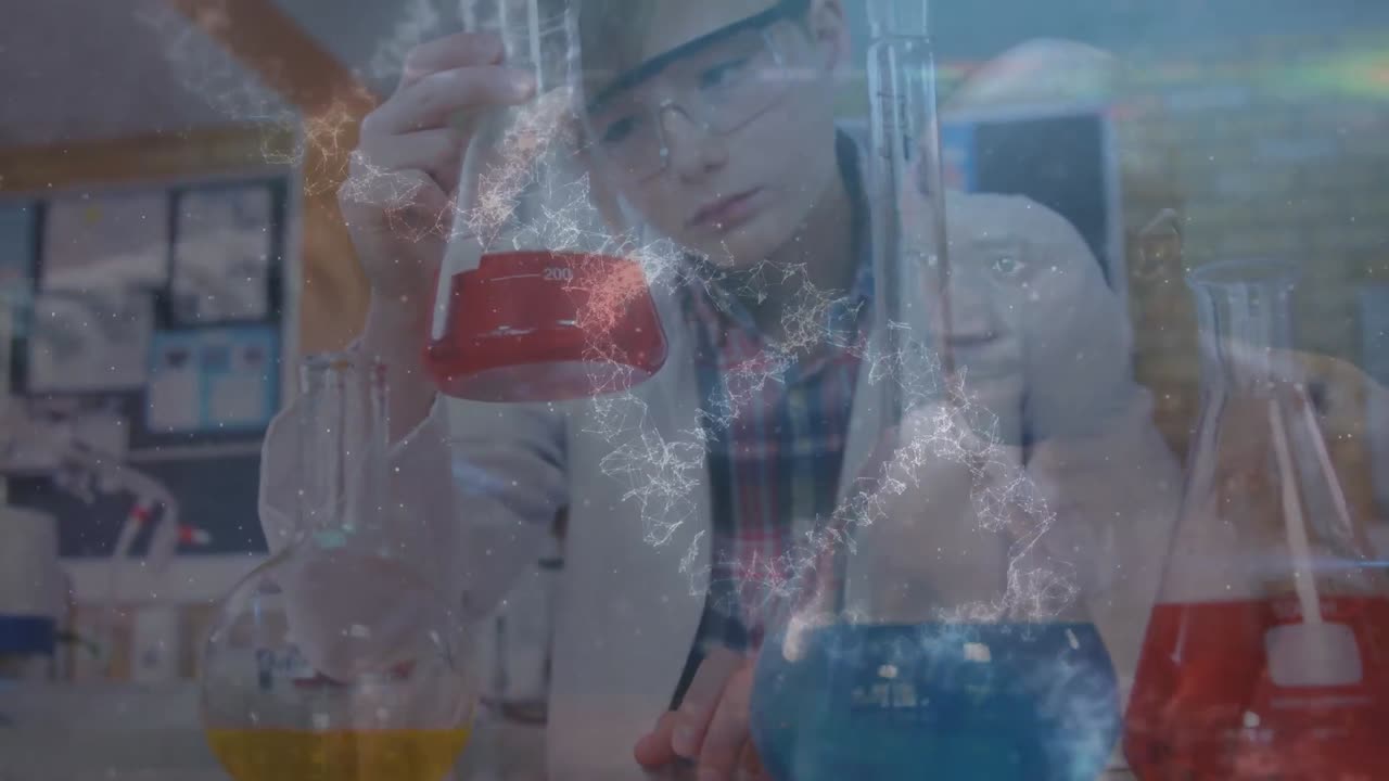 연구실에서 일하는 아시아 과학자, 체력 있는 사람과 대결하는 dna 구조의 애니메이션