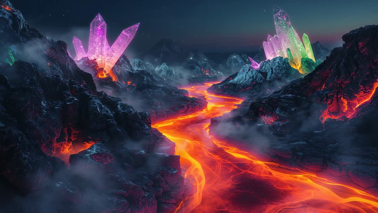 Winding lava at dusk, with pinkish-purple and green-yellow crystals, swirling mist, starry sky