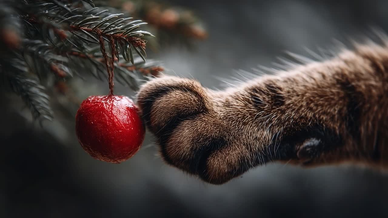 A Captivating Close-Up of a Feline Paw Reaching for a Bright Red Ornament Hanging from a Christmas Tree Branch, Capturing the Spirit of the Holiday Season