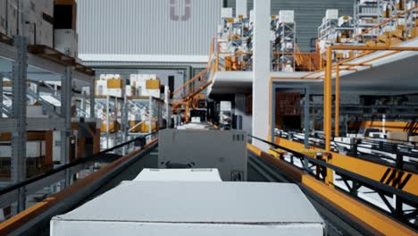 close up of packaging box on the conveyor belt, 3d rendering. loop transmitting of cardboard boxes in a large scale smart distribution warehouse, production line