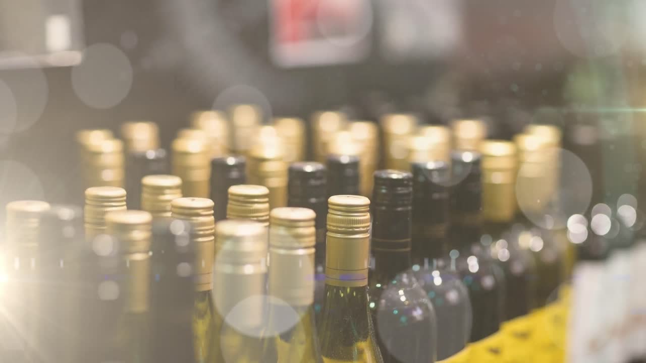 animación de bokeh sobre botellas de vino en la tienda