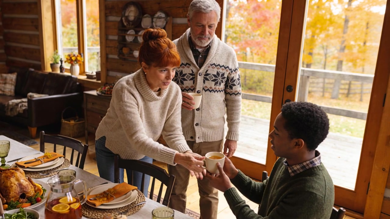 During family meal at cabin table, offering woman in knit sweater passing mug to seated man