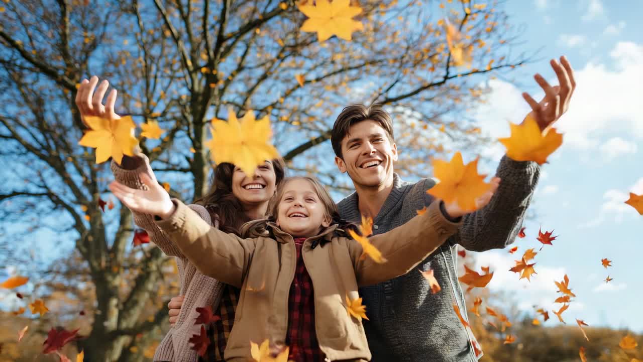 Family tossing leaves in park after gathering leaves for autumn fun, wearing fall clothes