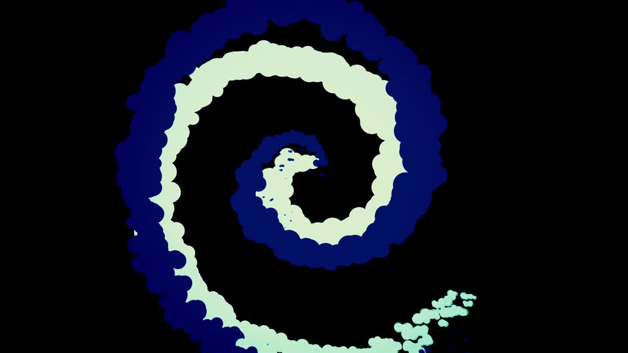 Abstract spiral background with blue and grey bubbles spinning isolated on black background, seamless loop. Animation. Funnel formed by wide unusual stripes with uneven edges