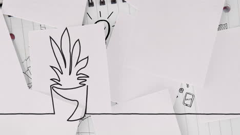 digital animation of plant pot sketch on white paper against white lined paper