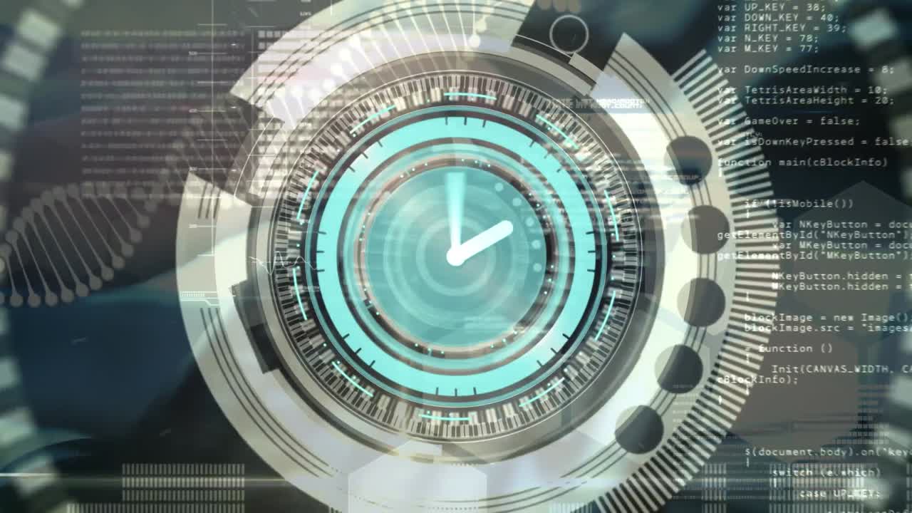 Animation of clock and circular scope scanning over data and hands using computer