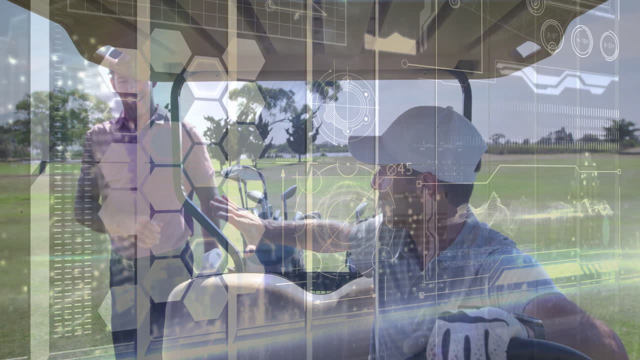 Interacting with animation overlay, golfers using futuristic data on sunny course