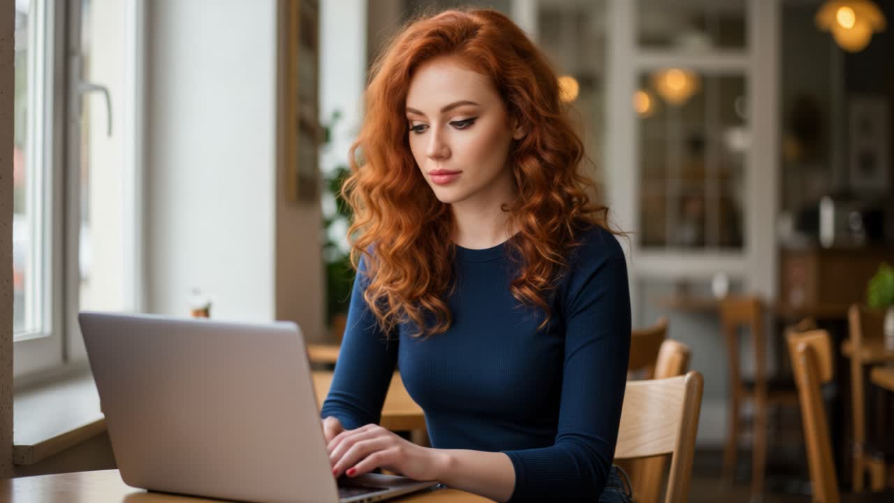 Inside a bright and inviting cafe, a young woman with vibrant red curly hair focuses intently on her laptop. Sunlight streams through large windows, creating a warm atmosphere. She is seated at a wooden table surrounded by contemporary decor, with a few people in the background enjoying their own ac