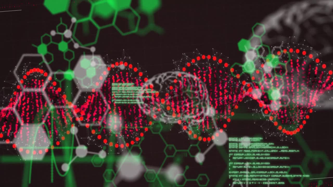 animación de la cadena de adn girando sobre el procesamiento de datos