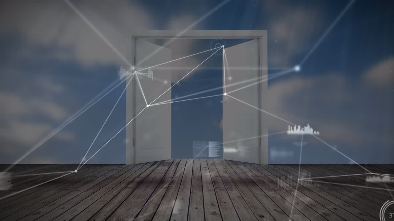 나무판에 문 열기 위에 연결 네트워크의 애니메이션과 데이터 처리가