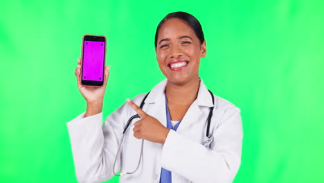 Teléfono,-Médico-Y-Mujer-Apuntando-A-La-Pantalla-Verde