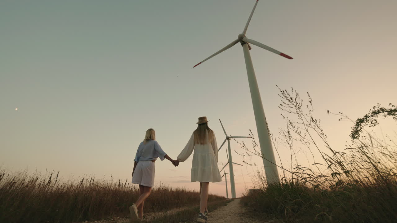 Two girls holding hands near wind turbines