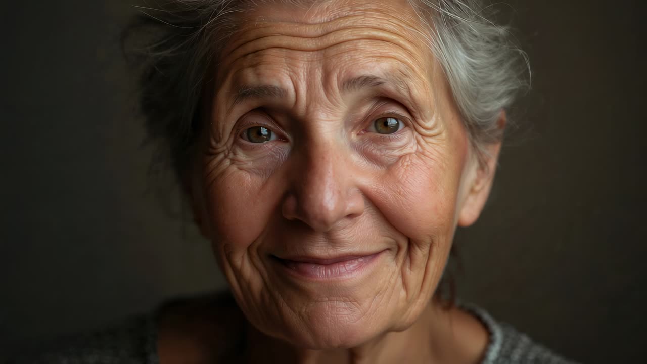 Smiling senior woman starting five frames, shifting gaze upward in studio, gray sweater, soft light