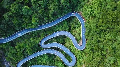 Top-View-of-hairpin-bend-Kart-Race-Track-in-Amusement-Park,-Tonglu,-China