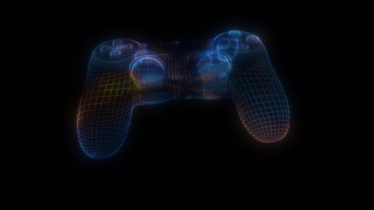 Video game controllers made of multicolored particles on black background